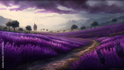  a painting of a lavender field with a path leading to a church in the distance and a dark cloudy sky in the background, with mountains in the distance. generative ai
