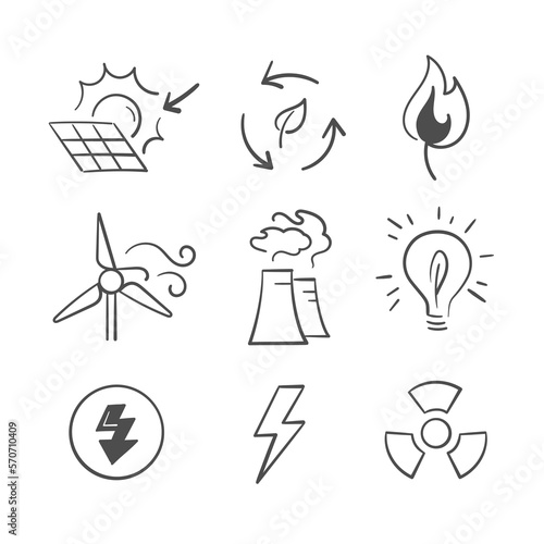 Collection of hand-drawn and doodle vector icons and pictograms, sketch style, illustration about environment, energy, planet, ecology