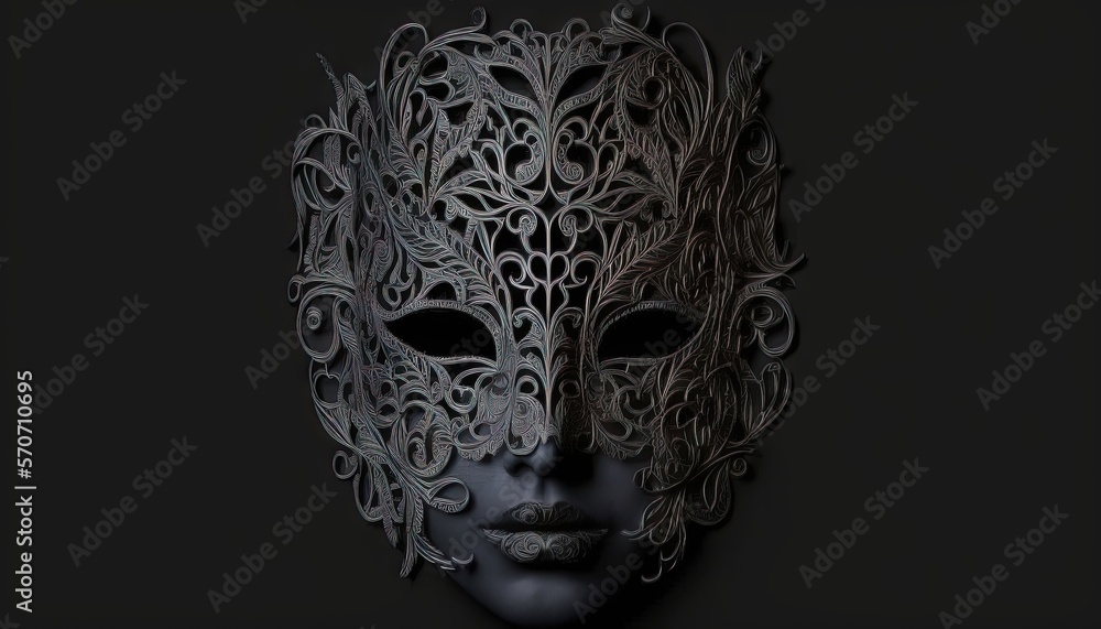  a black mask with intricate designs on the side of the face and a black background with a black background and a black background with a white mask.  generative ai
