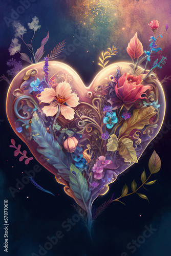 Beautiful fantasy heart with flowers and leaves, dark background, love, illustration, vertical, Generative AI © Eva