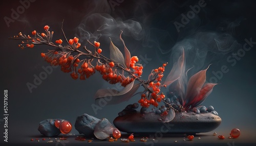  a vase filled with berries and smoke on top of a table next to rocks and a plant with red berries on top of the vase.  generative ai
