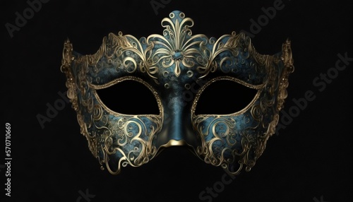  a blue and gold masquerade mask on a black background with a black back ground and a black back ground with a black background.  generative ai © Shanti