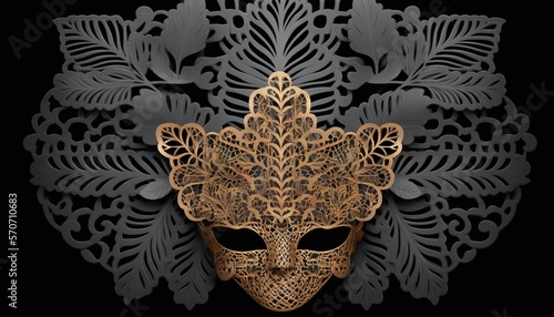  a golden mask with intricate designs on a black background with a floral design in the middle of the mask is an intricate leafy design. generative ai