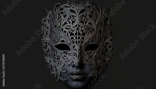  a black mask with intricate designs on the side of the face and a black background with a black background and a black background with a white mask. generative ai