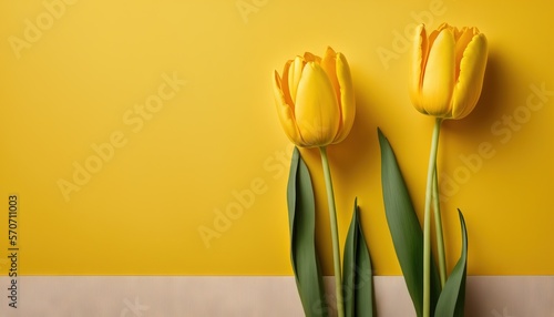  two yellow tulips on a yellow and beige background with a white stripe on the bottom of the picture and a green stem on the bottom of the picture.  generative ai