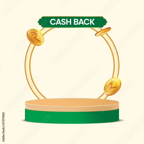 cash back product podium with golden indian currency rupee coin