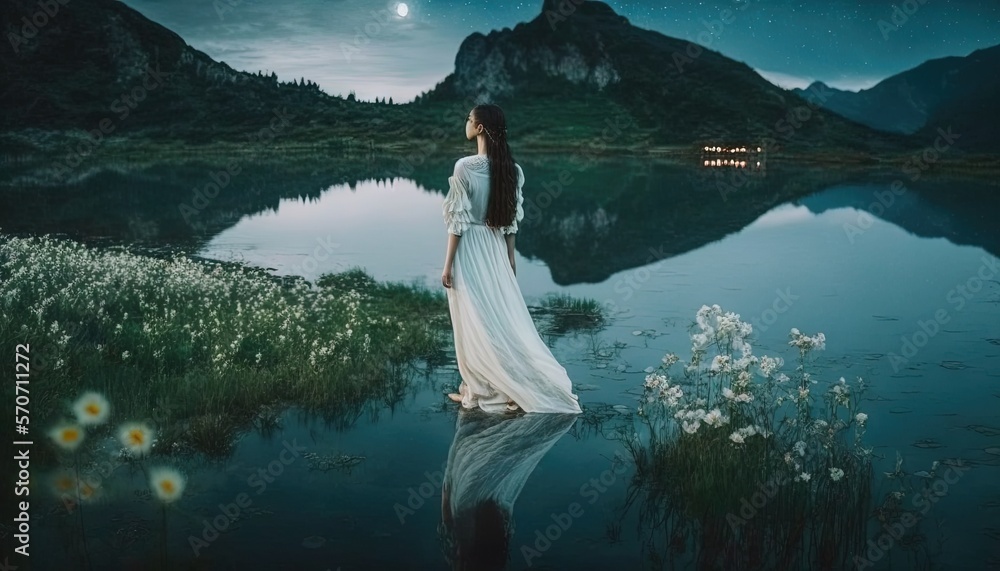 a woman in a white dress standing in front of a body of water at night ...