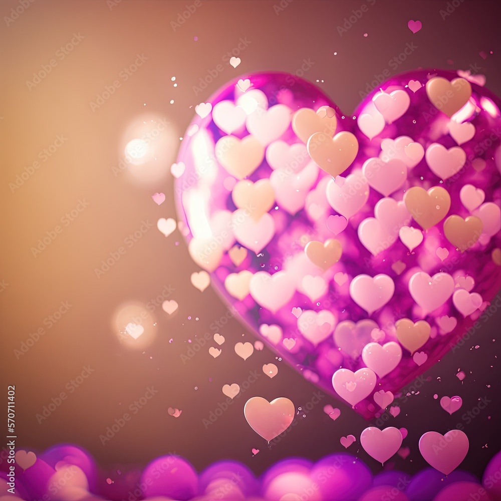  a heart shaped object floating in the air surrounded by pink and white hearts on a purple background with boke of light and bubbles in the air.  generative ai