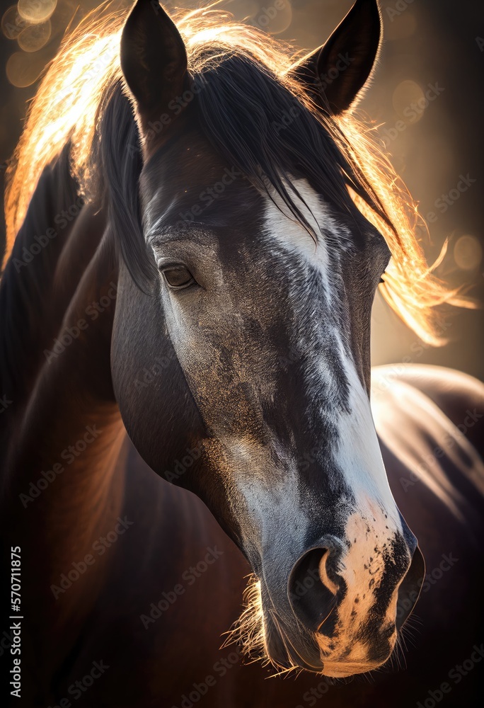 Beautiful bokeh background horse in the sunset portrait, steed