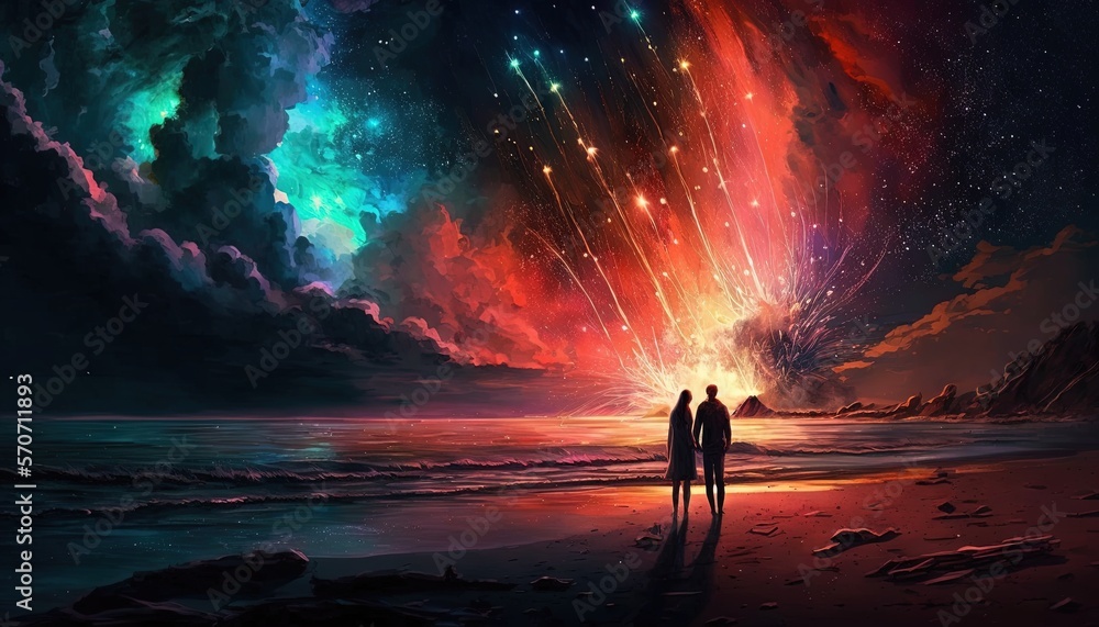  two people standing on a beach looking at a colorful sky with stars and a shooting star in the sky above them, with a bright red and blue sky filled with stars.  generative ai