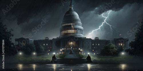Thunderstorm over the US Capitol building at night by generative AI