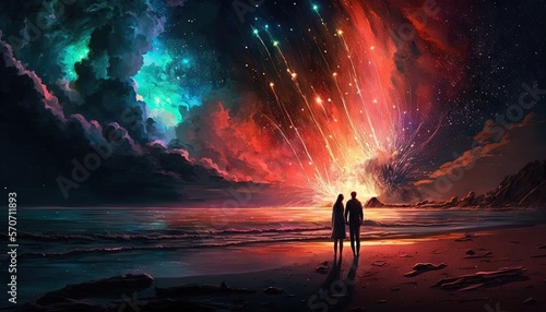  two people standing on a beach looking at a colorful sky with stars and a shooting star in the sky above them  with a bright red and blue sky filled with stars.  generative ai