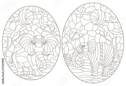 Set of contour illustrations of stained glass Windows with elephants, dark contours on a white background
