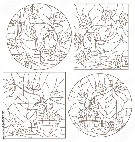 A set of contour illustrations of stained glass Windows with fruit still lifes, dark contours on a white background