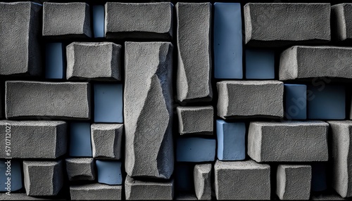  a close up of a wall made out of blocks of concrete and cement blocks of varying sizes and colors, with a blue background of blue and gray.  generative ai