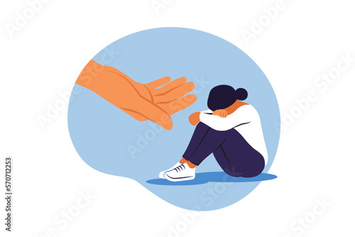 Psychotherapy, counseling and psychological support concept. Girl feeling anxiety and loneliness. Helping hand. Vector illustration.
