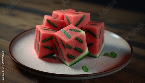  a white plate topped with watermelon cubes on top of a wooden table next to a green leafy leafy green plant. generative ai