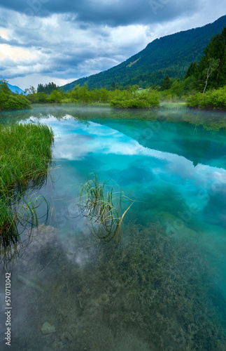 Clear waters of a small lake on a rainy day in Zelenci nature reserve, Slovenia