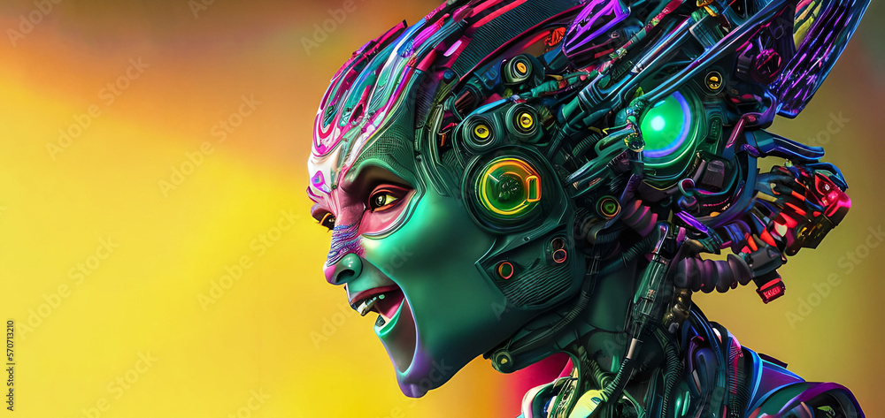portrait of a robot woman in profile side view. Artificial intelligence concept.vivid colours, Created using generative AI tools. copy space portrait of a robot woman in profile side view. Artificial intelligence concept.vivid colours, Created using generative AI tools. copy space