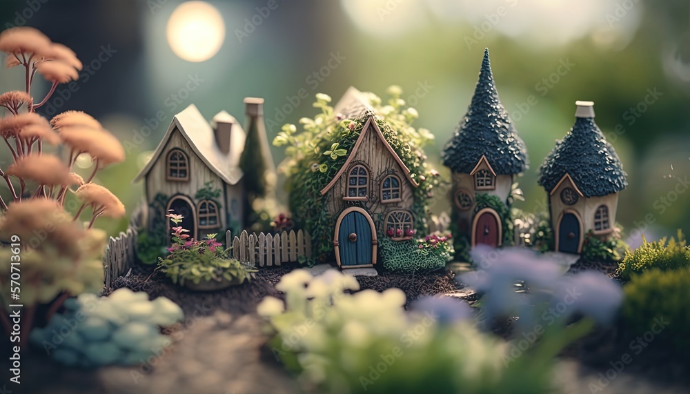 cute fairy house village garden with cute pebble paved road, Generative