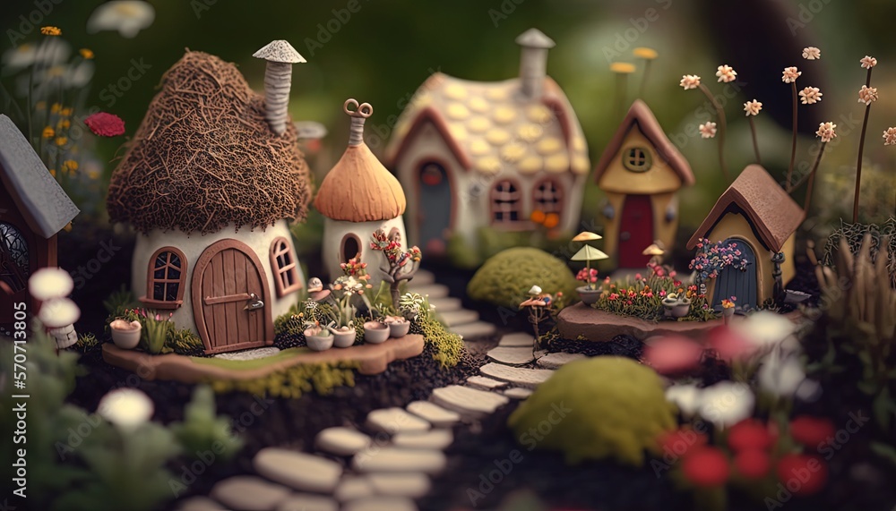 cute fairy house village garden with cute pebble paved road, Generative