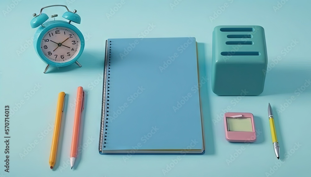 a notebook, pen, alarm clock, and pencils on a blue surface with a light blue cover and a yellow pen and a yellow eraser. generative ai a notebook, pen, alarm clock, and pencils on a blue surface with a light blue cover and a yellow pen and a yellow eraser. generative ai