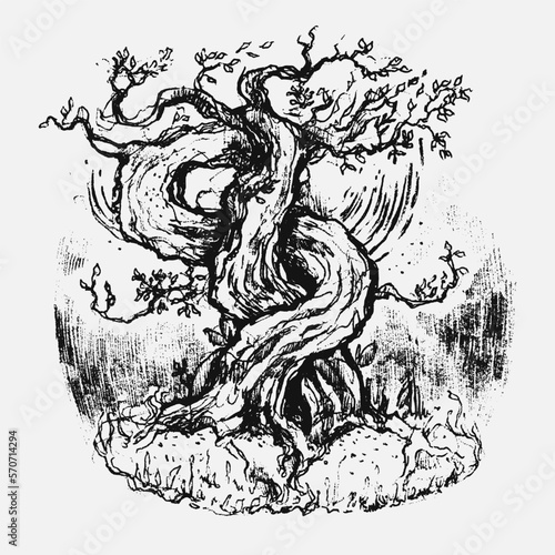 Hand drawn vector illustration tattoo sketch with a beautiful magical tree. Nature illustration ready to use isolated from background. Mystical fantasy stuff.