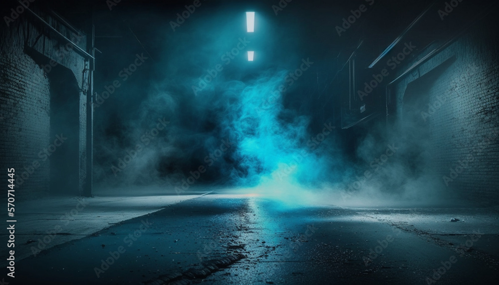 Wet asphalt, a reflection of neon lights, a searchlight, smoke. Abstract light in a dark empty street with smoke, and smog. Dark background scene of an empty street, night view, and night city.
