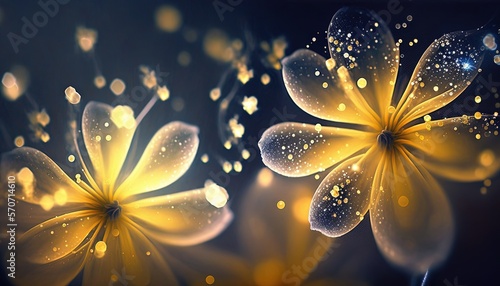  a close up of a bunch of flowers with water droplets on them and a black background with a blue sky in the background and a yellow center. generative ai