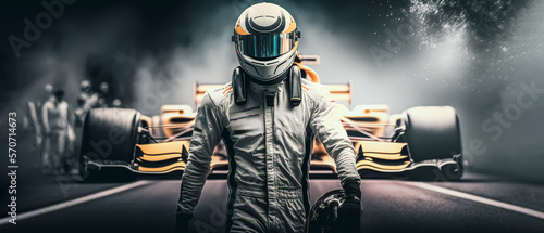 formula one racing driver before start of competition on track. Banner with copy space, digital ai art
 photo
