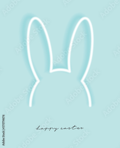 Happy Easter. Cute Easter Vector Illustration with White Glowing Neon Bunny Ears on a Pastel Blue Background. Modern Easter Holidays Print with Rabbit Ears ideal for Card, Wall Art, Sticker, Banner.