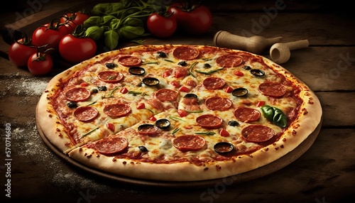  a pizza with pepperoni and olives on a wooden table next to tomatoes and a knife and pepperoni on a wooden board with a knife.  generative ai