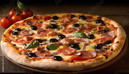  a pizza sitting on top of a wooden table next to a bunch of tomatoes and a cherry tomatoes on top of it next to a pizza cutter. generative ai