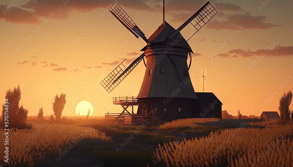  a painting of a windmill in a wheat field at sunset with the sun in the distance and a few clouds in the sky above it.  generative ai