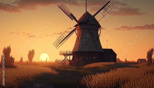  a painting of a windmill in a wheat field at sunset with the sun in the distance and a few clouds in the sky above it. generative ai