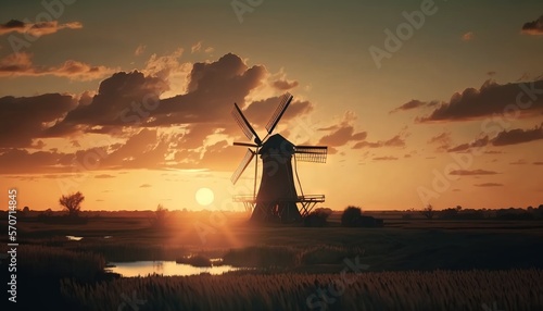 a windmill in a field at sunset with the sun setting in the background and clouds in the sky over the water and grass in the foreground. generative ai