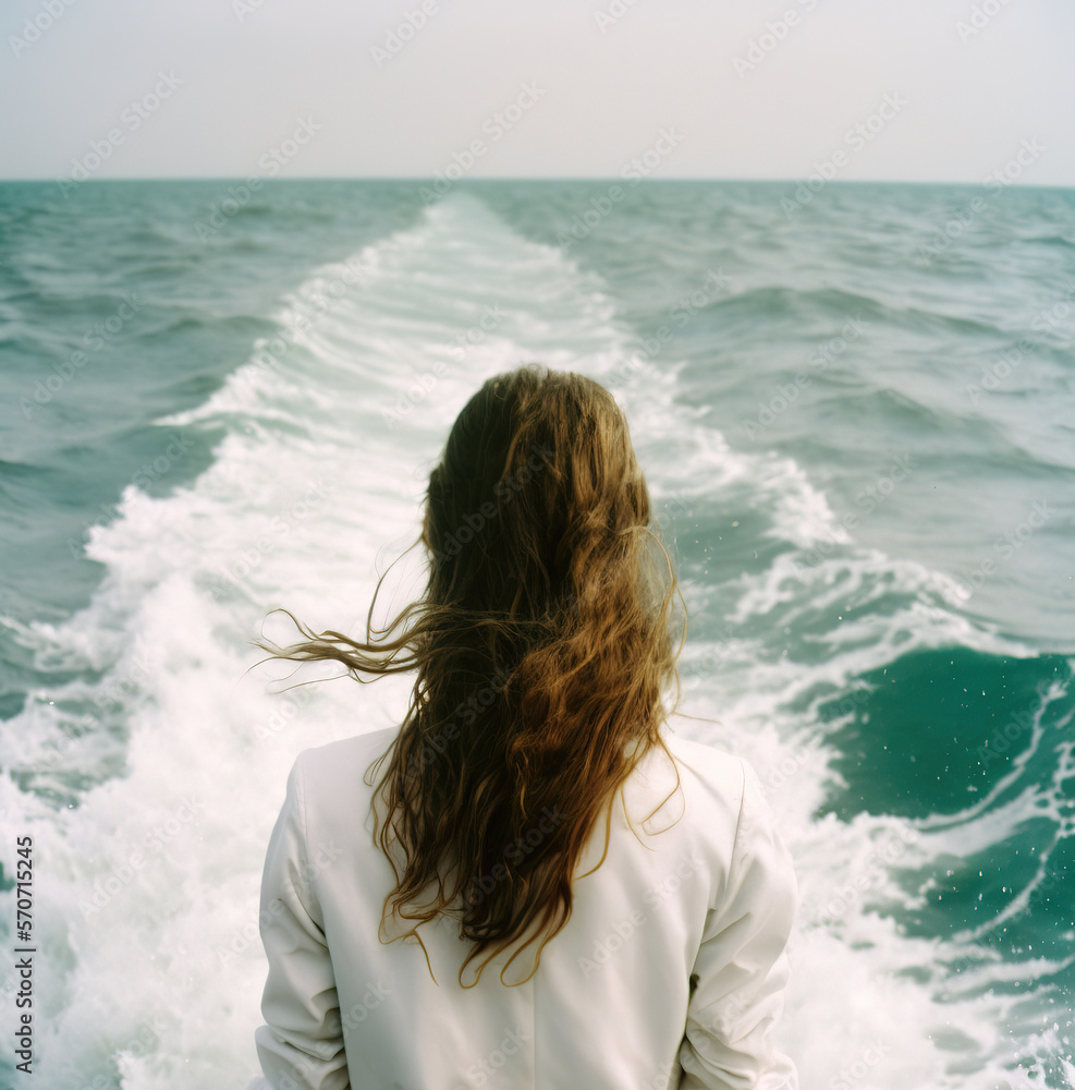 a girl in a white dress is standing in a boat in the middle of the sea ...