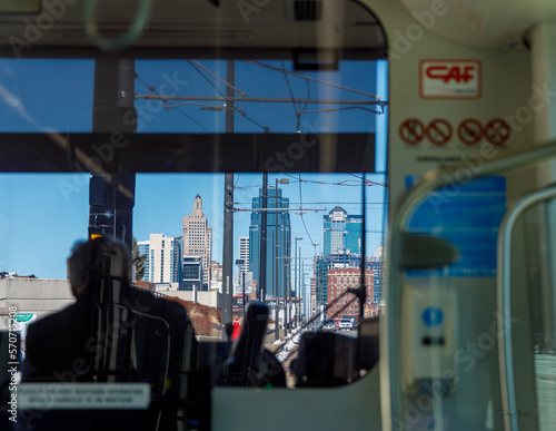looking forward into Kansas City from a streetcar