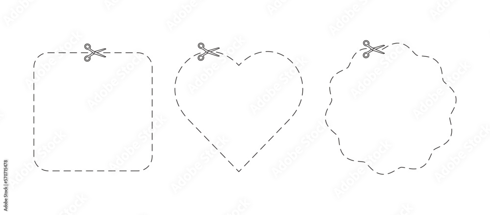 Dash marks in three shapes on voucher. Set of trim ribbon with scissor. Black shear crop border. Scissor with dot cut line. Paper cutting icon with dotted snip. Vector illustration Dash marks in three shapes on voucher. Set of trim ribbon with scissor. Black shear crop border. Scissor with dot cut line. Paper cutting icon with dotted snip. Vector illustration