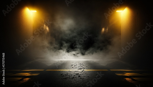 Wet asphalt, a reflection of neon lights, a searchlight, smoke. Abstract light in a dark empty street with smoke, and smog. Dark gold background scene of an empty street, night view, and night city