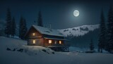  a cabin in the woods at night with a full moon in the sky above the cabin and snow on the ground and trees in the foreground.  generative ai