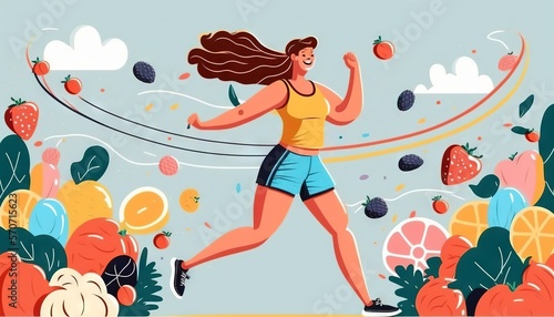  a woman is running through a field of fruits and vegetables with a blue sky in the background and a line of oranges in the foreground. generative ai