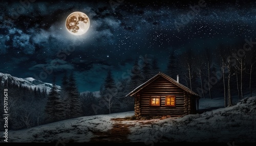  a cabin in the woods with a full moon in the sky and trees in the foreground, and a full moon in the background.  generative ai