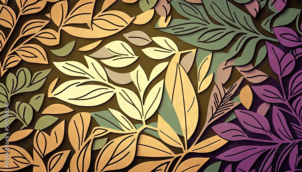 a painting of leaves on a brown and purple background with a green and yellow leaf pattern on the left side of the image and a brown background with a. generative ai a painting of leaves on a brown and purple background with a green and yellow leaf pattern on the left side of the image and a brown background with a. generative ai