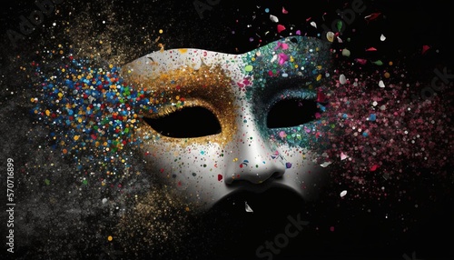  a mask with confetti all over it and a black background with confetti all over it and a black background with confetti all over it.  generative ai © Shanti