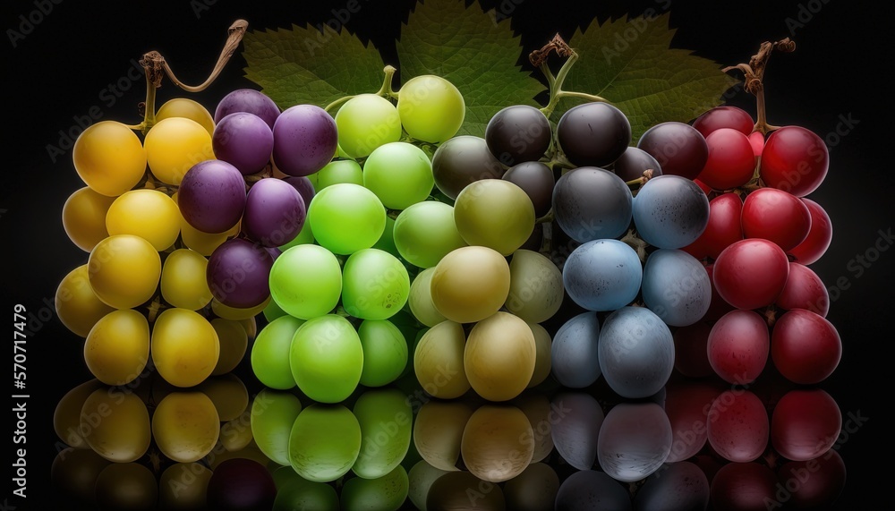 a group of grapes with a leaf on a black background with a reflection of the grapes on the ground and the leaves on the ground. generative ai a group of grapes with a leaf on a black background with a reflection of the grapes on the ground and the leaves on the ground. generative ai