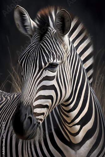 Zebra close up portrait  black and white striped horse made with Generative AI
