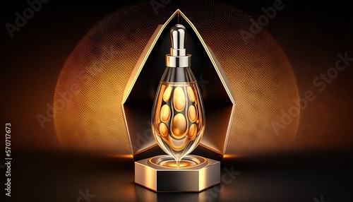  a bottle of perfume on a stand on a black background with a gold triangle around it and a light reflection on the bottom of the bottle.  generative ai