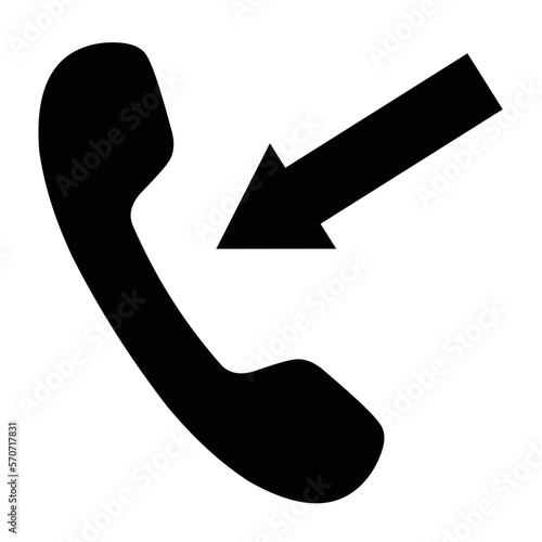 vector illustration of the black silhouette of incoming call icon, of an arrow pointing at a phone