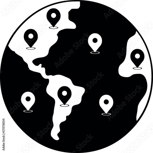 vector illustration of planet earth with GPS symbols (global positioning system), drawn in black and white photo